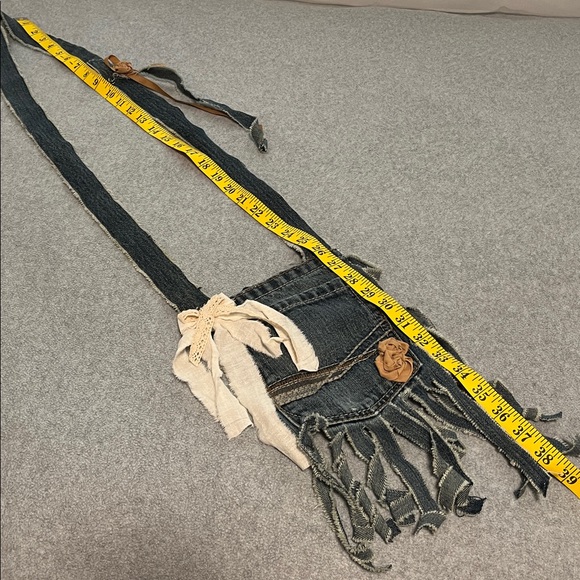 Boho Crossbody Denim Pouch Bag Shabby Cottagecore Pocket Fringe Fairy Festival - Picture 7 of 11